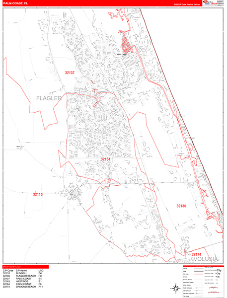 Palm Coast City Wall Map Red Line Style